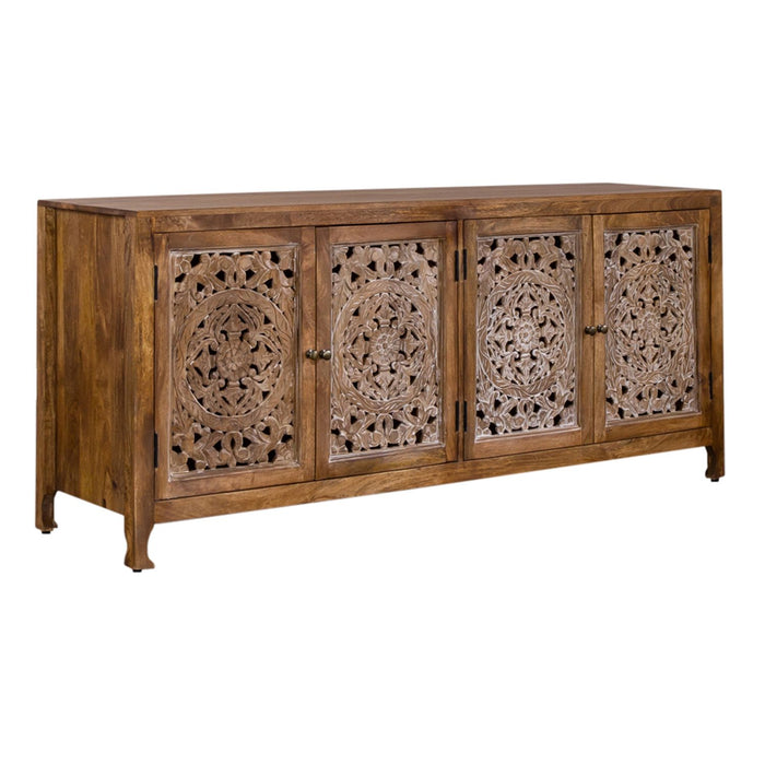 Marisol 74 Inch 4 Door Accent TV Stand in Weathered Honey and Soft Wash Gray - Discount Furniture World (Burlington,NC)