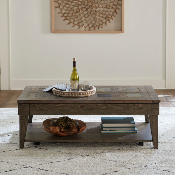 Arrowcreek Lift Top Cocktail Table in Weathered Stone - Discount Furniture World (Burlington,NC)