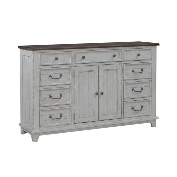 River Place 9 Drawer Dresser in Riverstone White and Tobacco - Discount Furniture World (Burlington,NC)