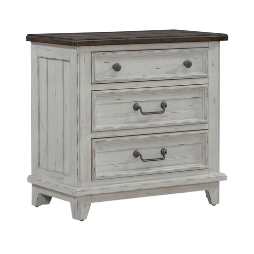 River Place 3 Drawer Nightstand with Charging Station in Riverstone White and Tobacco - Discount Furniture World (Burlington,NC)