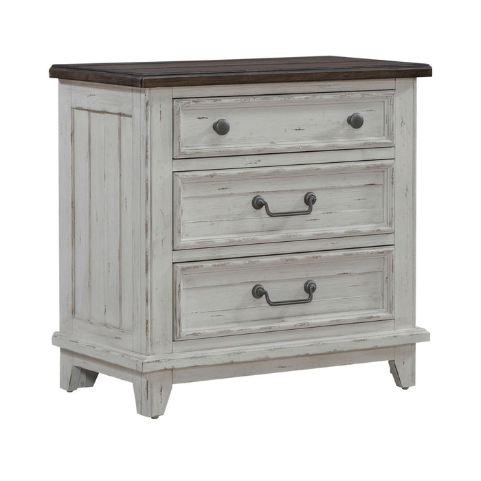 River Place 3 Drawer Nightstand with Charging Station in Riverstone White and Tobacco - Discount Furniture World (Burlington,NC)