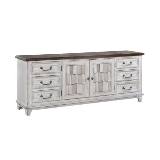 River Place Entertainment Console in Riverstone White/Tobacco - Discount Furniture World (Burlington,NC)