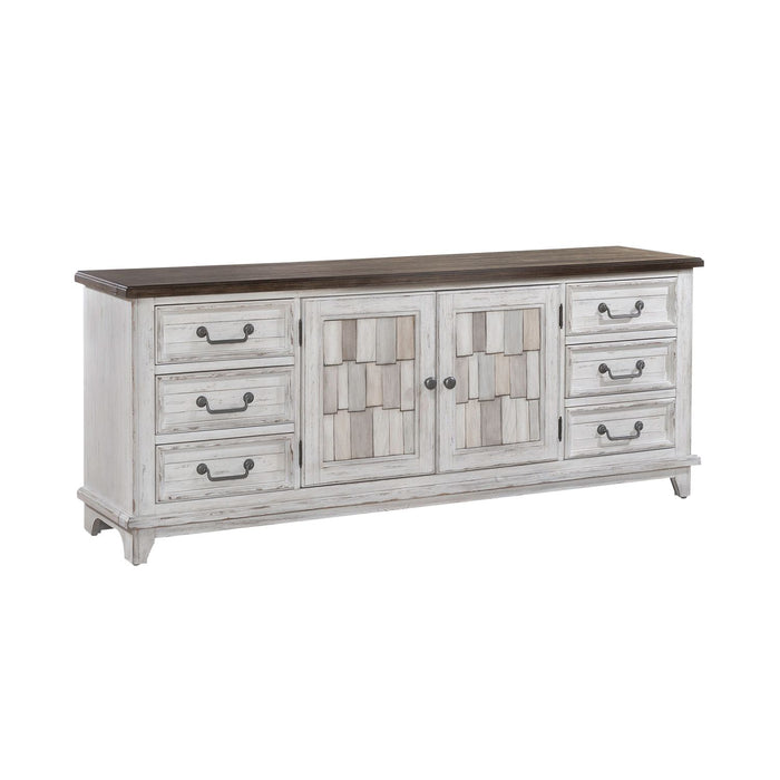 River Place Entertainment Console in Riverstone White/Tobacco - Discount Furniture World (Burlington,NC)
