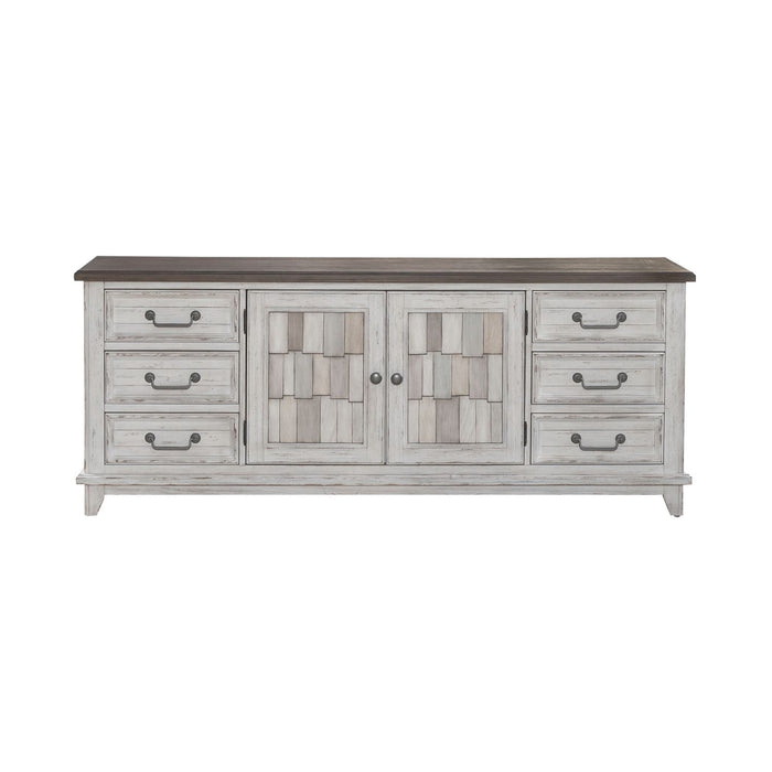 River Place Entertainment Console in Riverstone White/Tobacco - Discount Furniture World (Burlington,NC)