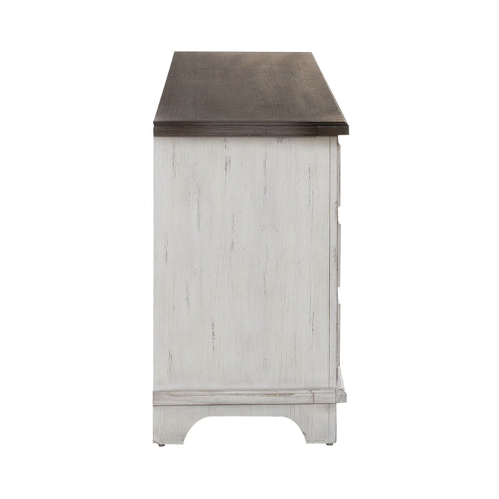 River Place Entertainment Console in Riverstone White/Tobacco - Discount Furniture World (Burlington,NC)