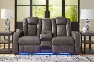 Fyne-Dyme Power Reclining Loveseat with Console - Discount Furniture World (Burlington,NC)