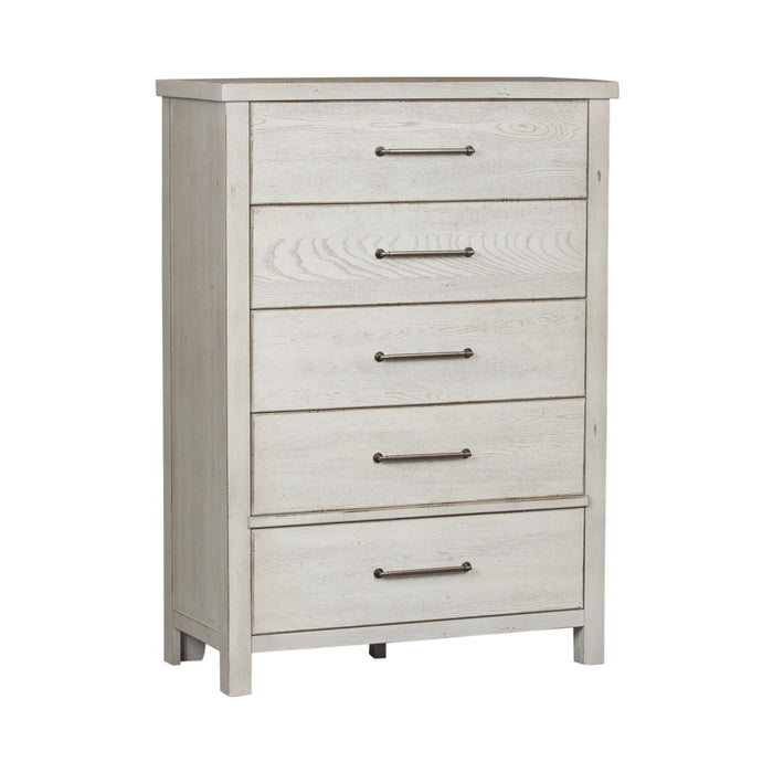 Modern Farmhouse 5 Drawer Chest in White - Discount Furniture World (Burlington,NC)
