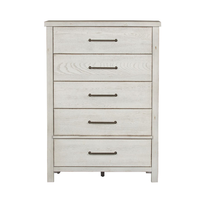 Modern Farmhouse 5 Drawer Chest in White - Discount Furniture World (Burlington,NC)