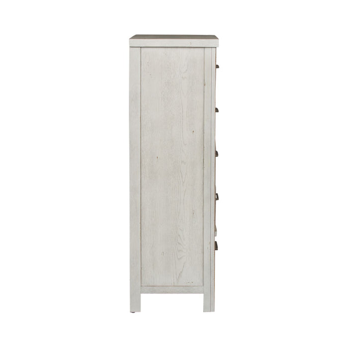 Modern Farmhouse 5 Drawer Chest in White - Discount Furniture World (Burlington,NC)