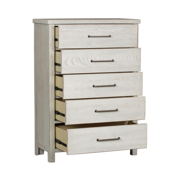 Modern Farmhouse 5 Drawer Chest in White - Discount Furniture World (Burlington,NC)