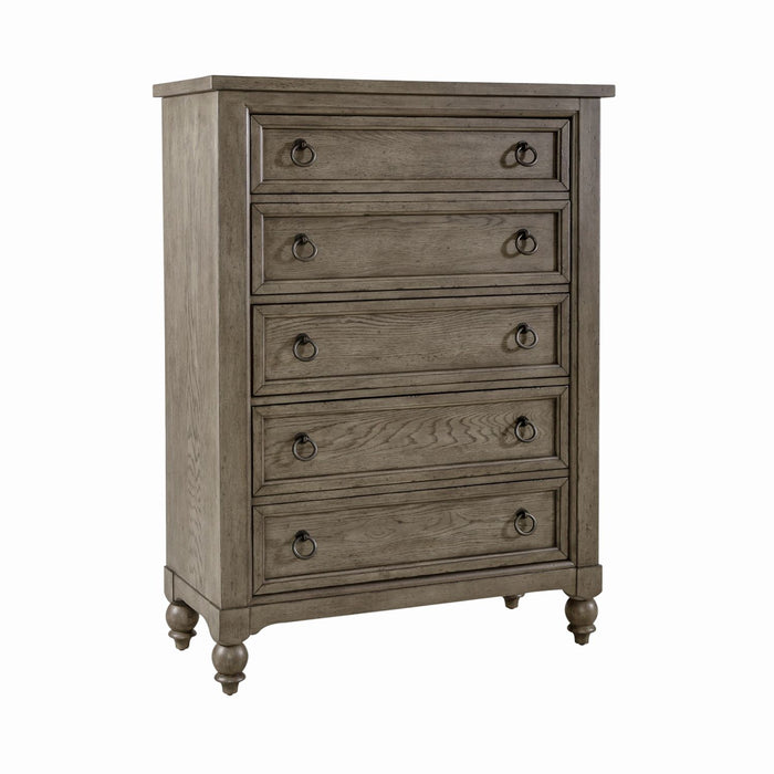 Americana Farmhouse 5 Drawer Chest in Dusty Taupe and Black - Discount Furniture World (Burlington,NC)