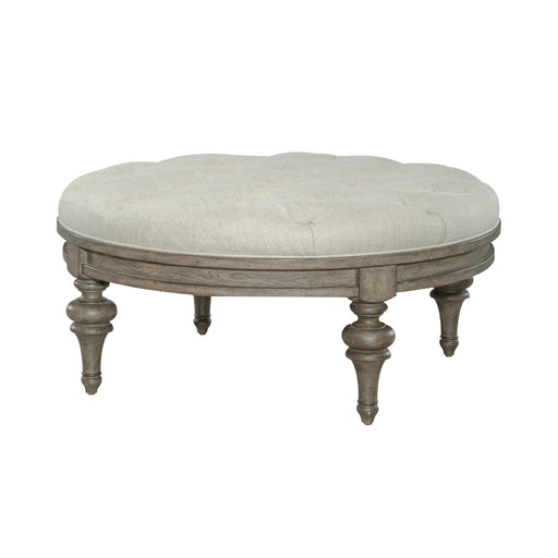 Americana Farmhouse Round Cocktail Ottoman in Dusty Taupe - Discount Furniture World (Burlington,NC)