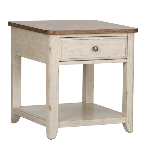 Farmhouse Reimagined End Table with Basket in Antique White - Discount Furniture World (Burlington,NC)