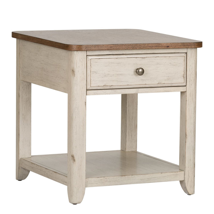 Farmhouse Reimagined End Table with Basket in Antique White - Discount Furniture World (Burlington,NC)