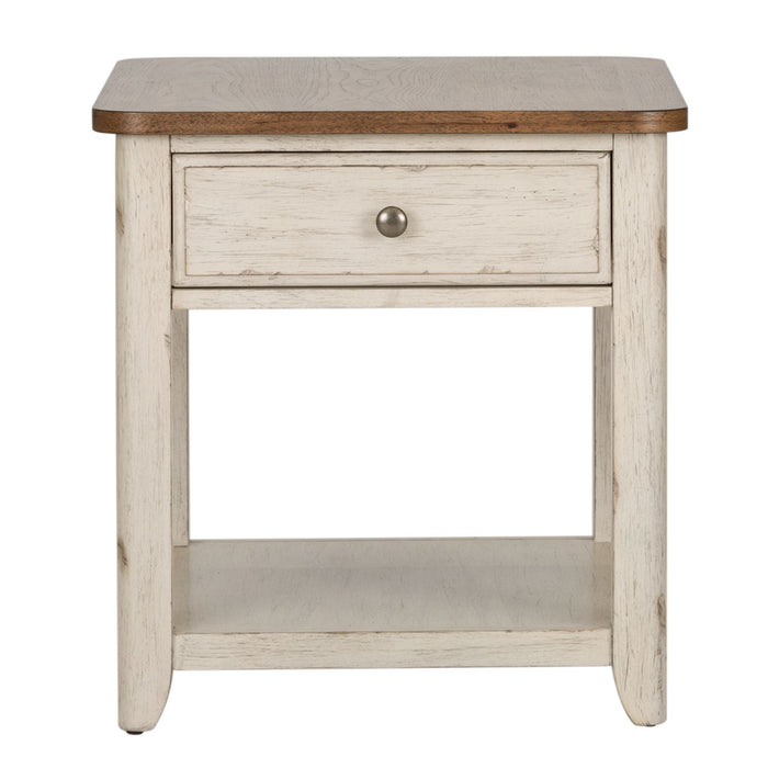 Farmhouse Reimagined End Table with Basket in Antique White - Discount Furniture World (Burlington,NC)