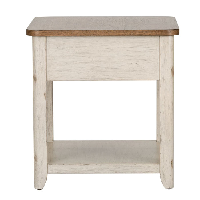 Farmhouse Reimagined End Table with Basket in Antique White - Discount Furniture World (Burlington,NC)
