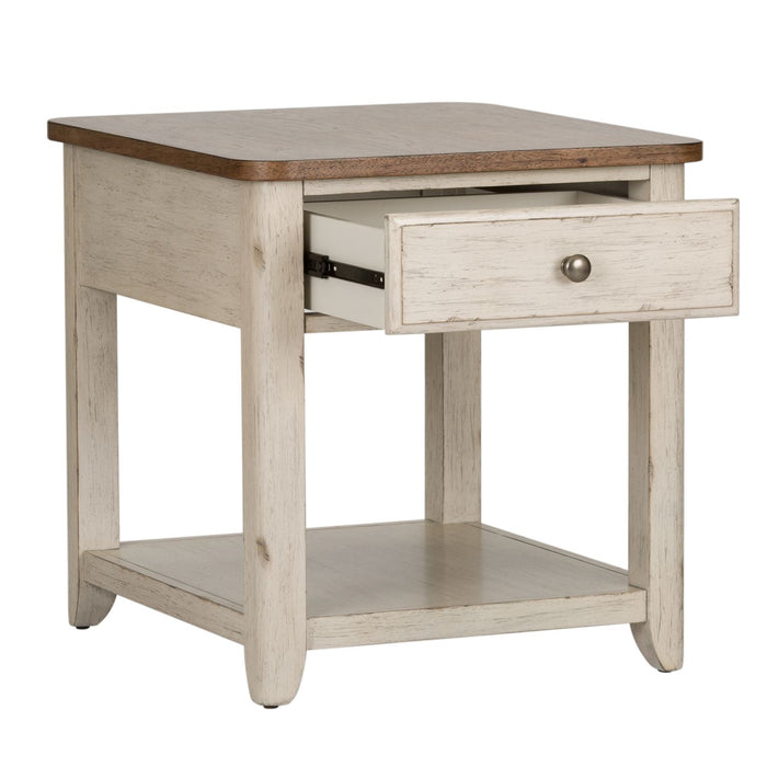 Farmhouse Reimagined End Table with Basket in Antique White - Discount Furniture World (Burlington,NC)