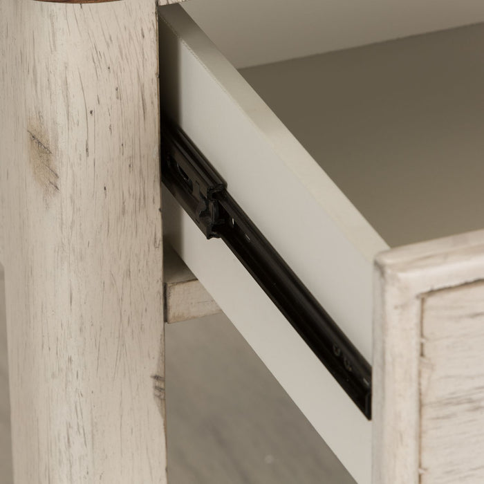 Farmhouse Reimagined End Table with Basket in Antique White - Discount Furniture World (Burlington,NC)