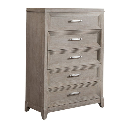 Belmar 5 Drawer Chest in Washed Taupe and Silver Champagne - Discount Furniture World (Burlington,NC)