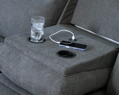 Side-Swipe Reclining Sofa with Drop Down Table - Discount Furniture World (Burlington,NC)