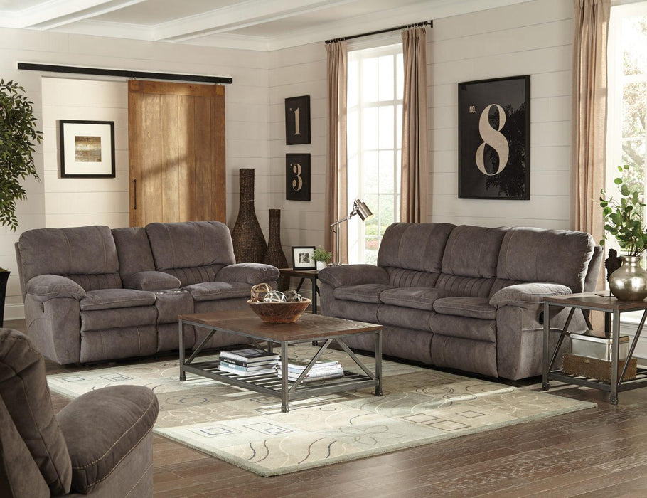 Catnapper Reyes Lay Flat Reclining Console Loveseat w/Storage & Cupholders in Graphite 2409